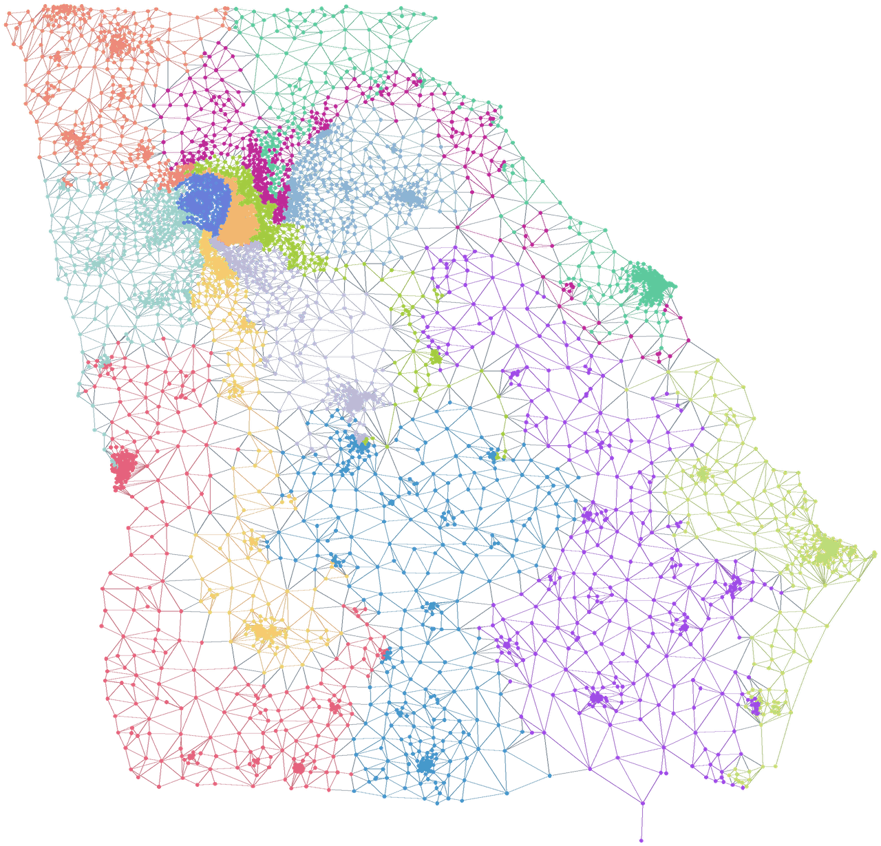 A network of Georgia's census block groups, colored into 14 districts